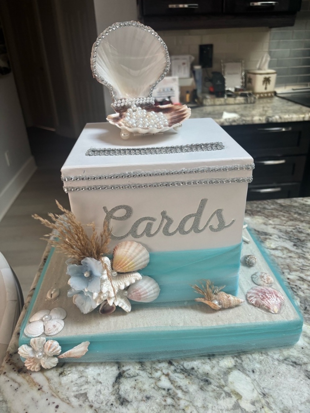Coastal Seashell Card Box in White and Aqua